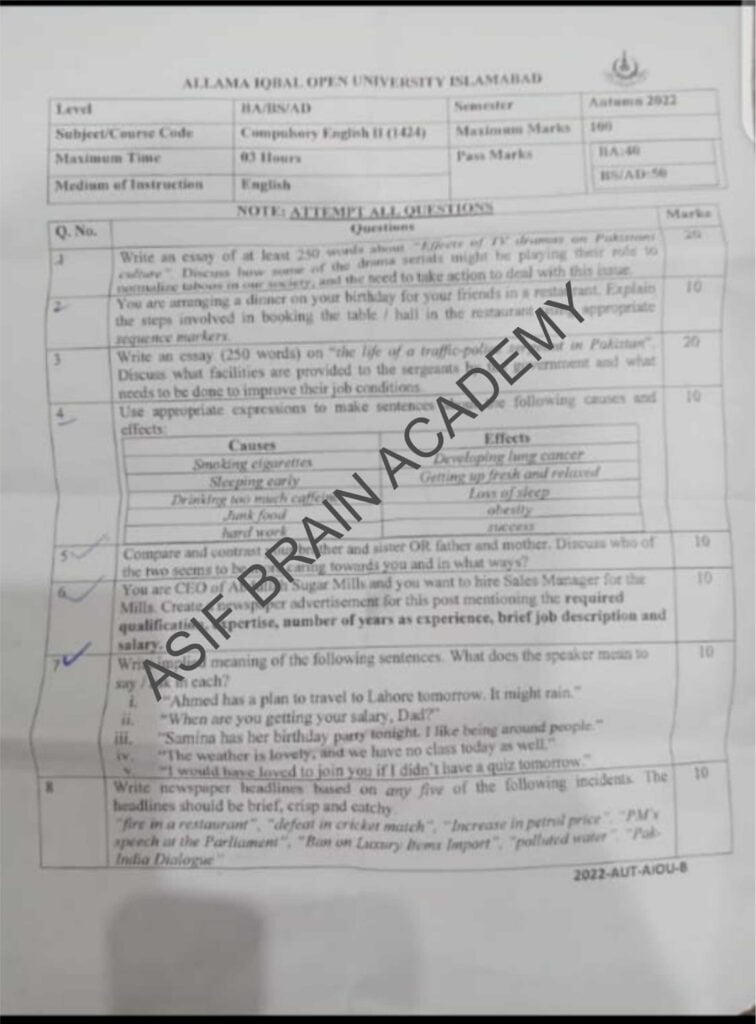 aiou question paper assignment autumn 2022