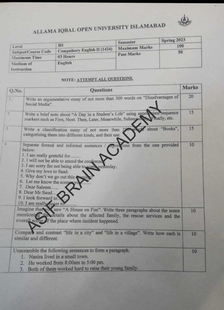 AIOU Course Code 1424 English Past Paper Spring 2023